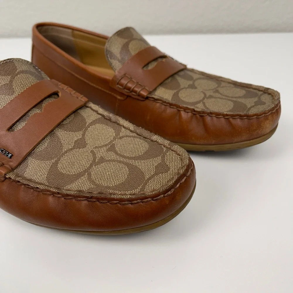 COACH Mott‎ Driver Loafers Khaki Brown Signature Jacquard Leather Mens 7D Career